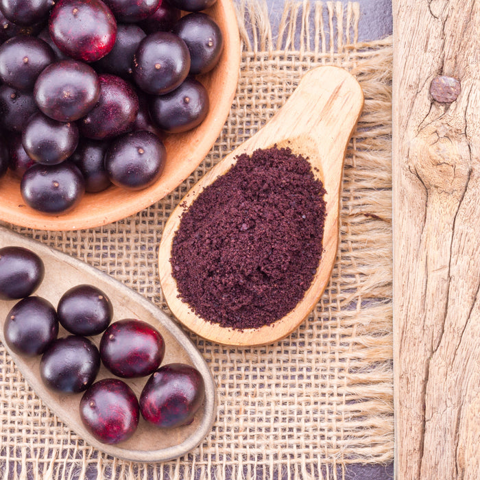 Acai berries and acai powder in wooden spoons