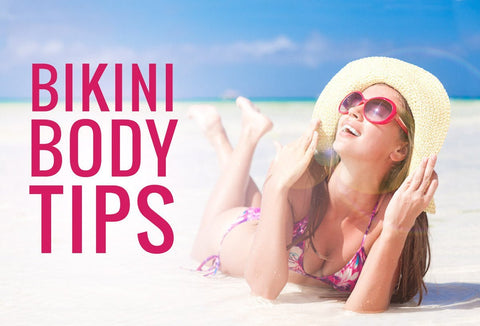 Woman relaxing on a beach beside bikini body tips