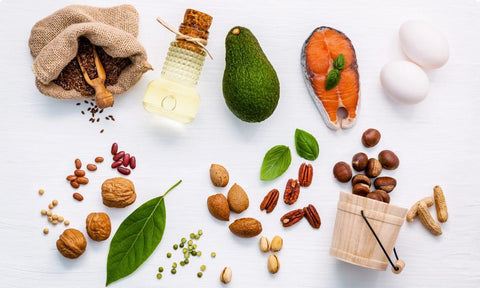 Fish, eggs, avocado, nuts and seeds as omega-3 food sources