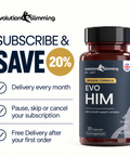 EvoHim Subscribe and Save 20% panel: monthly delivery, pause, skip or cancel anytime, free delivery after first order