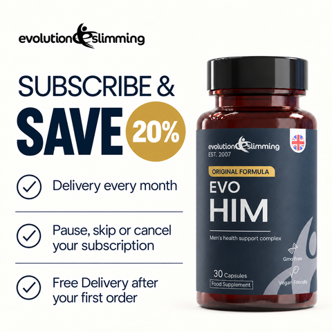 EvoHim Subscribe and Save 20% panel: monthly delivery, pause, skip or cancel anytime, free delivery after first order