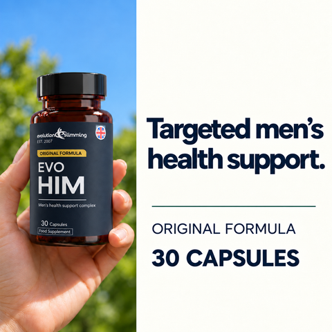 Hand holding an EvoHim bottle outdoors, original formula, 30 capsules