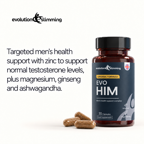 EvoHim bottle with capsules: zinc, magnesium, ginseng and ashwagandha formula