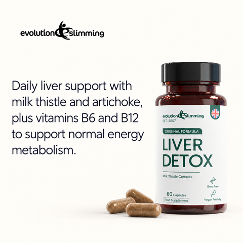 Liver Detox bottle with capsules: milk thistle and artichoke, plus vitamins B6 and B12 for normal energy metabolism