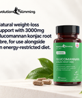 Glucomannan bottle with capsules and leaves: 3000mg konjac root fibre, for use alongside an energy-restricted diet