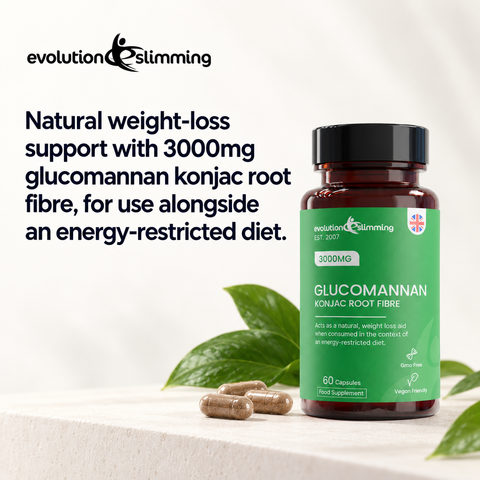 Glucomannan bottle with capsules and leaves: 3000mg konjac root fibre, for use alongside an energy-restricted diet