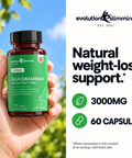Hand holding a Glucomannan bottle outdoors, 3000mg, 60 capsules