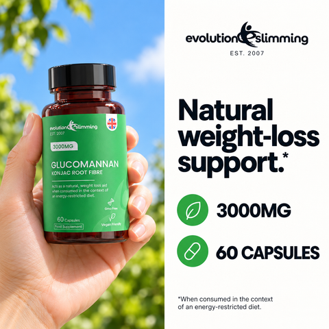 Hand holding a Glucomannan bottle outdoors, 3000mg, 60 capsules