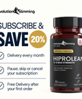 HiProLean Subscribe and Save 20% panel: monthly delivery, pause, skip or cancel anytime, free delivery after first order