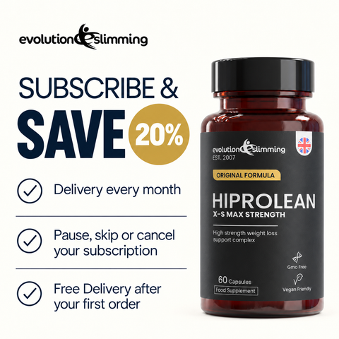 HiProLean Subscribe and Save 20% panel: monthly delivery, pause, skip or cancel anytime, free delivery after first order