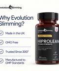 Why Evolution Slimming panel beside a HiProLean bottle: made in the UK, GMO free, trusted since 2007, GMP standards