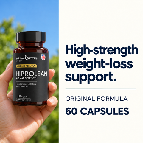 Hand holding a HiProLean bottle outdoors, original formula, 60 capsules