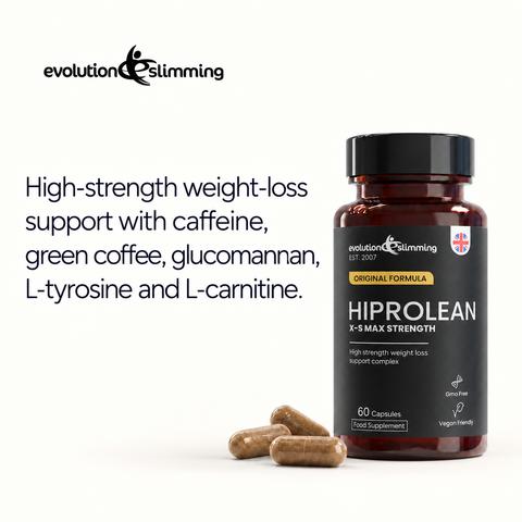 HiProLean bottle with capsules: caffeine, green coffee, glucomannan, L-tyrosine and L-carnitine formula