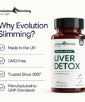 Why Evolution Slimming panel beside a Liver Detox bottle: made in the UK, GMO free, trusted since 2007, GMP standards
