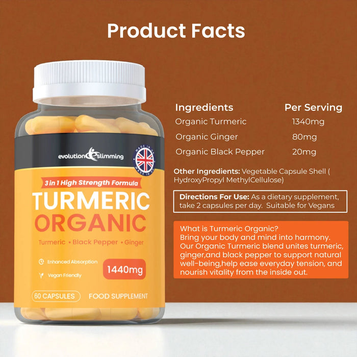 Organic Turmeric Capsules 1440mg – High-Strength Turmeric, Ginger & Black Pepper Evolution Slimming