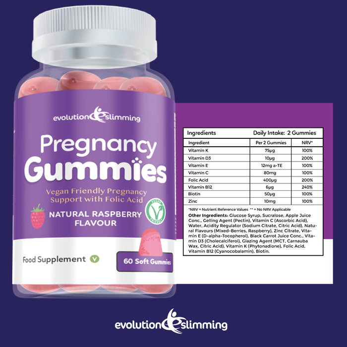 Pregnancy Gummies with Folic Acid, Vitamin B12,C,D3,E,K,Biotin & Zinc - Vegan Friendly